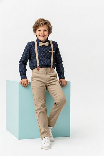 Navy Blue Boys' 4-Piece Bow Tie Polka Dot Shirt Trousers Trousers Suspenders Set TKDSS24AU00024