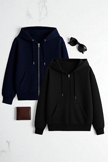 Unisex Lacivert & Siyah Fermuar Kapüşonlu Sweatshirt 2 ' li Fırsat Paketi
