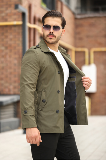 Men's Khaki Seasonal Lined Belted Double-Breasted Trench Coat