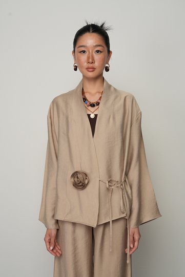 Women's Rose Detailed Side Tie Solid Color Kimono-Jacket
