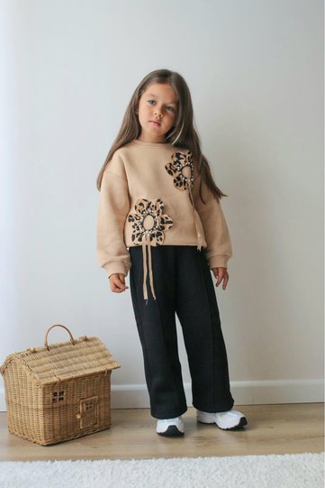 Girl's Tracksuit Set with 3-Thread Ribbed Top and Bottom, Winter Thick Lycra Floral Patterned