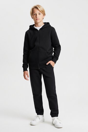 Plain Printless Zipper Hoodie with Kangaroo Pocket Boy's Tracksuit Set