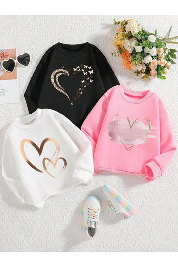 Girl's 3-Pack Gold Hearts Printed Crew Neck Ribbed Sweatshirt (Pink-White-Black)