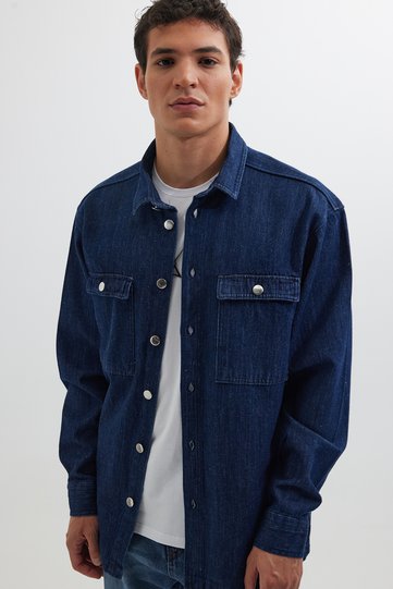 Unisex Oversize Wide Cut Denim Jeans Double Pocket Navy Blue Overshirt Jacket Style Shirt