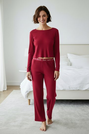 Burgundy Cotton Blend Slogan Rubber Detailed Ribbed Knitted Pajama Set Thmaw21Pt0269