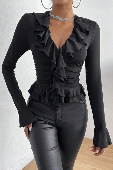 Long Sleeve V-Neck Ruffled Black Blouse