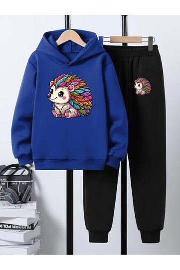 Children's Printed Hooded Sweatshirt and Tracksuit Set 3-Thread Brushed Inside for Autumn/Winter
