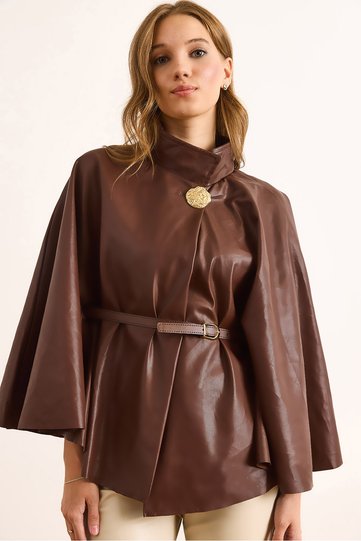 Women's Brown Inside Velvet Faux Leather Cape Jacket Ckt-19000462