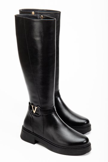 Women's Black Shiny Leather Buckle Detailed Boots