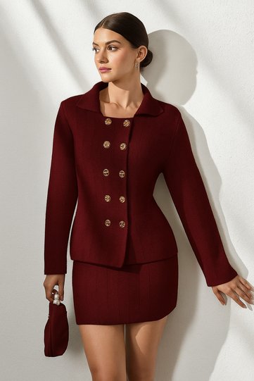 Women's Burgundy Multi-Button Knit Jacket Mini Skirt Set