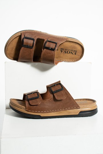 Birrbazaar Men's Leather (Synthetic) Orthopedic Double-Stoved Sole Adjustable Buckle Stitched Stylish Home/Outdoor Slippers