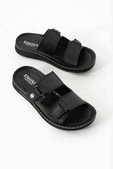 Men's Black Orthopedic Sole Velcro Inside-Out Faux Leather Slippers