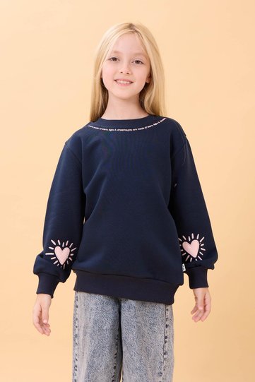 Girl's Printed Crew Neck Seasonal Sweatshirt Navy Blue