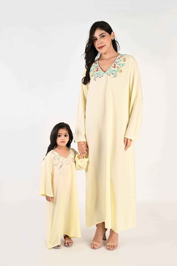 Ladies Jalabiya – Butter Yellow Base with V Neck and Floral Embroidered Detailing