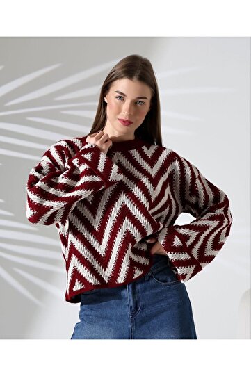Zigzag Patterned Oversize Long Sleeve Crew Neck Knit Sweater Casual Daily Stylish Women's Blouse