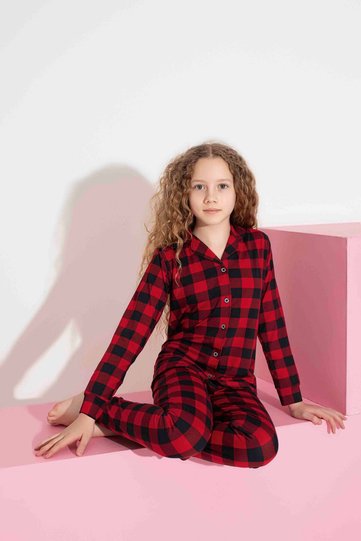 Girl Teenager and Children Square Pattern Long Sleeve Milan Fabric Front Buttoned Seasonal Pajama Set