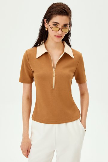 Polo Neck Zippered Cotton Regular Knitted T-Shirt