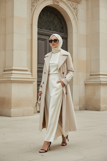 Stone Color - 100% Cotton (120cm) Full-Fit Women's Hijab Trench Coat