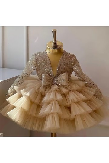 Gold beaded, ruffled skirt, long-sleeved girl's birthday, special occasion, wedding, formal dress.