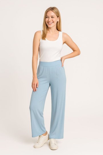 Premium Fabric High Waist Cotton Stretchy Front Slit Wide Leg Women's Trousers - Baby Blue