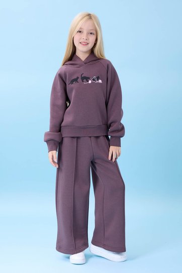 Girls' Hooded Fleece-Lined Cat Embroidered Brushed Inside Winter Set Eggplant Color