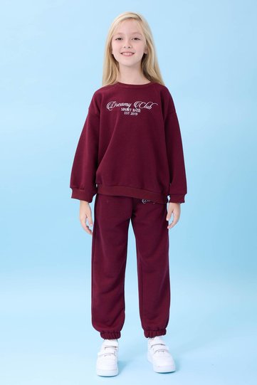 Girl's Dreamy Embroidered Crew Neck Seasonal Top and Bottom Set Burgundy