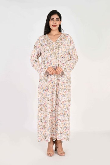 Ladies Jalabiya – White Base with Multicoloured Florals and Embroidered Neckline