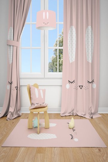 Rabbit Patterned Children's and Baby's Room Background Curtain 2 Wings Tla-239