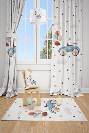 Cute Car and Balloon Patterned Children's and Baby's Room Background Curtain TLA-304