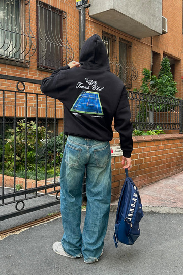 Vegas Tennis Club Printed Oversize Unisex Black Hoodie