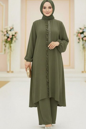 RUFFLE SET Khaki Ruffle Detailed Hijab Suit Aerobin Fabric Stone Embroidered
