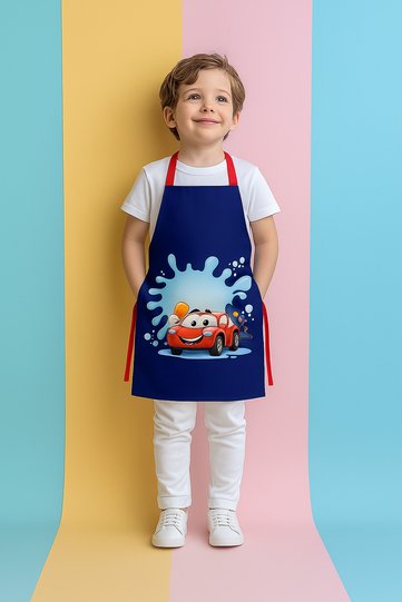 Ays Home Navy Blue Car Pattern Children's Kitchen Painting Apron