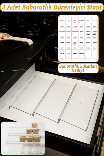 3 Pieces of Drawer Spice Rack Organizer Stand for Kitchen 30,5 cm * 13cm (Jars Are Not Included) Z305