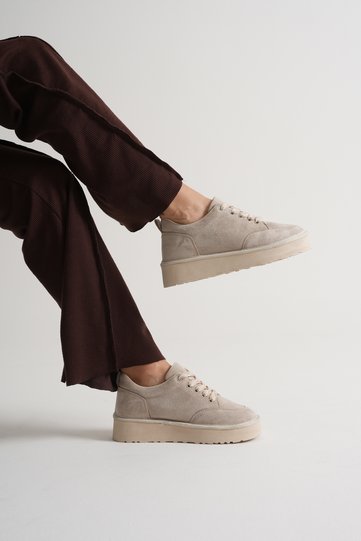 Women's Beige Thick PU Sole Lace-Up Casual Shoes