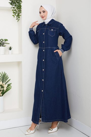 Women's Buttoned Ribbed Detailed Jeans Navy Blue Long Cap with Pockets
