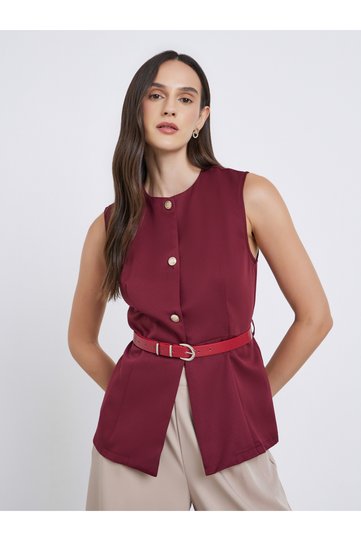 Round Neck Buttoned Waistcoat with Belt