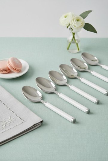 6-Piece Stainless Steel Dessert Spoon Set White Handle 15 cm