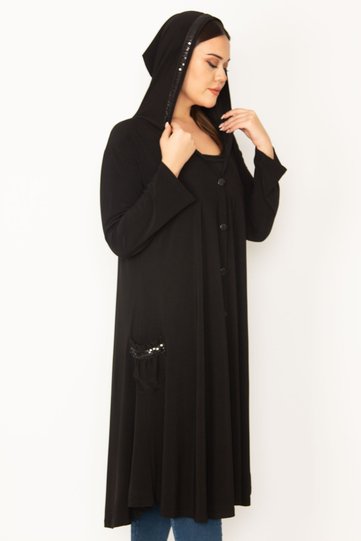 Women's Large Size Black Sandy Fabric Sequin Detailed Front Buttoned Hooded Cap 65n31703
