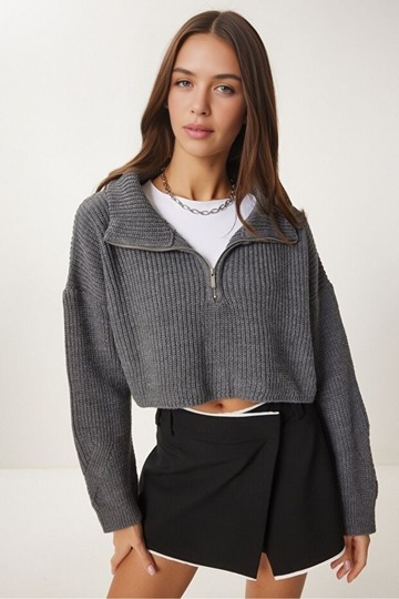 Women's Oversize Zippered Crop Knitwear Sweater Daily Use Seasonal