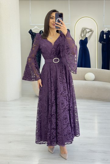 Women's Double Breasted Collar Belt Detailed Lace Long Sleeve Midi Dress Black, Cobalt Blue, Purple, Plum, White, Burgundy