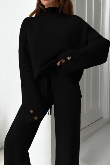 NEW SEASON Mock Neck Button Detail Oversized Sweater-Trousers Knit Co-ord Set 0034