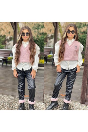 Girl's Two-Piece Set - Vest Shirt (One Piece) - Leather Pants - Stylish Winter Combination