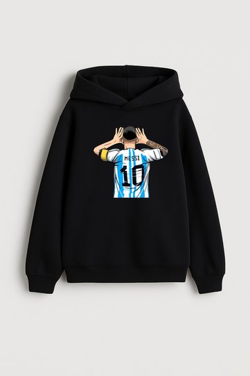 Football Player Lionel Messi Printed Boys' Black Hooded Sweatshirt Hoodie