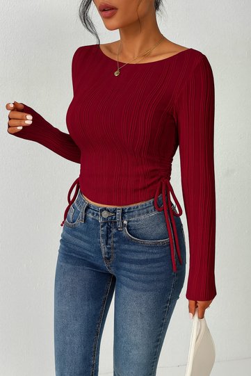 Burgundy Boat Neck Long Sleeve Adjustable Side Gathered Blouse Top