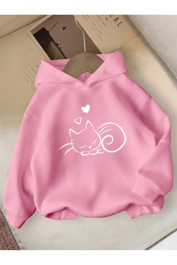 Girl's Pink Hooded Heart White Cat Printed Raised Sweatshirt
