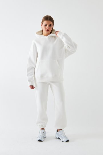 Oversize Unisex Tracksuit Set White – Basic, 3 Yarn Raised Fleece; Hooded Top, Elasticated Bottom