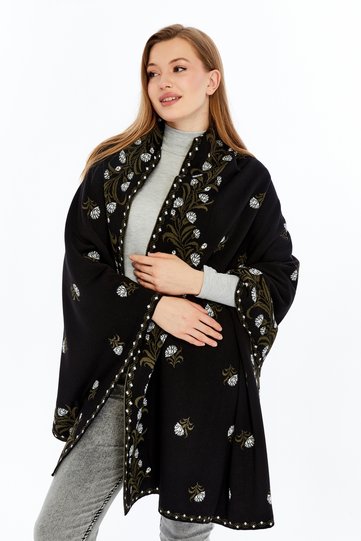 Carnation Pattern Black-Khaki-Bone Knitwear Shoulder Shawl, Knitwear Shawl, Shawl, Women'S, Young, Mother's Shawl, 75X180 cm