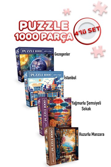 4 Pcs 1000 Piece Puzzle - Peaceful Landscape and Rainy Street with Umbrella and Planets and Istanbul