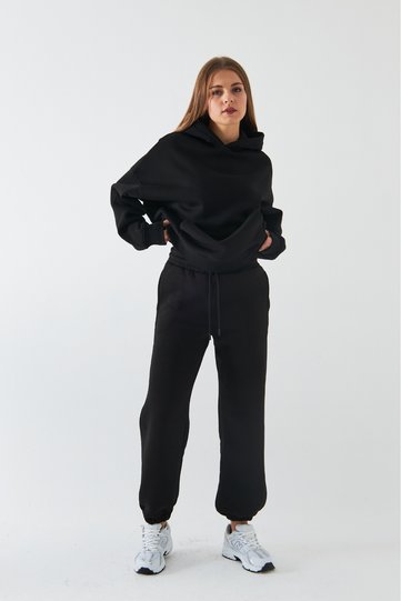 Oversize Unisex Tracksuit Set Black – Basic, 3 Thread Ribbed Fleece; Hooded Top, Elasticated Bottom