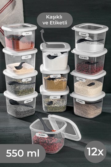 Foly Set of 12 Small Size 0.55 Liter Labeled Square Food Storage Container with Spoon White